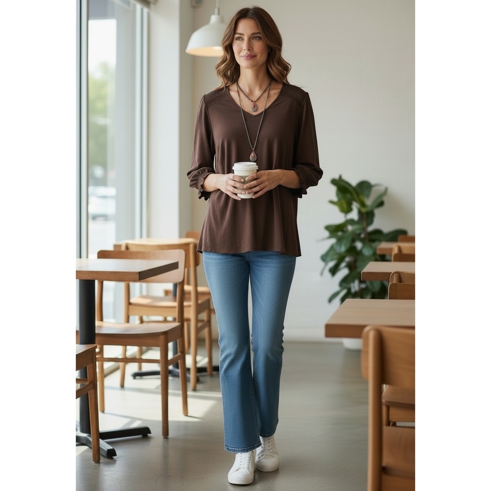 Adrianna Papell Women Brown Smocked Sleeve V-Neck Blouse Top 1X Career Capsule - Picture 8 of 16